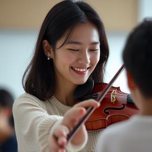 바이올린을 들고 학생을 가르치는 최소라 교수님의 자상한 모습