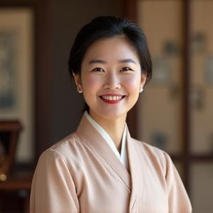 웃고 있는 김지윤 교수님, 한국 전통 의상을 입고 장구를 앞에 둠