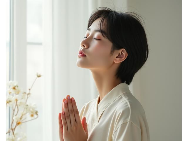 명상하거나 심호흡을 하는 차분한 모습의 사람
