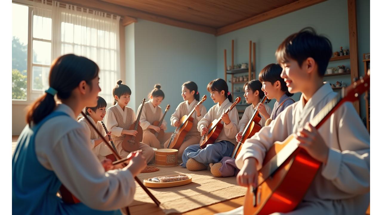 다양한 악기를 연주하며 함께 즐겁게 음악을 만드는 다양한 연령대의 사람들