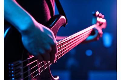 A bassist's hands on a four-string electric bass guitar neck.