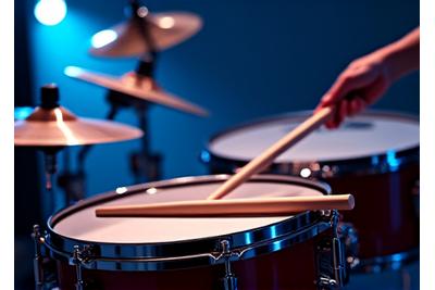 A drum set in a studio with drumsticks poised.