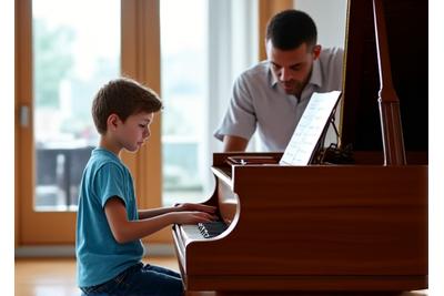 A student playing a grand piano with an instructor observing.