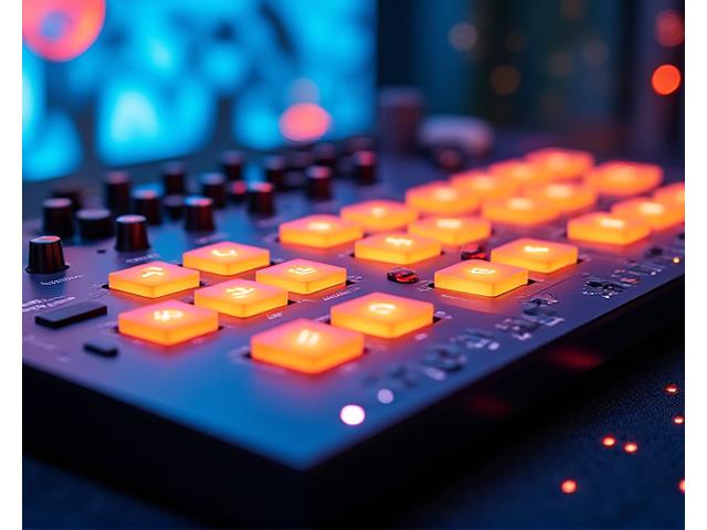 Graphic representation of a drum machine interface with rhythm patterns, alongside a music sheet or MIDI keyboard for melody creation.