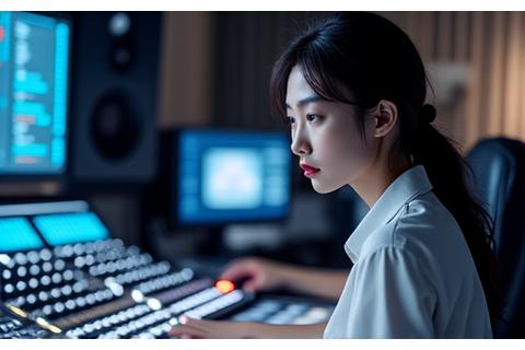 Portrait of a female audio engineer meticulously adjusting mixing console faders, reflecting focus and technical skill.