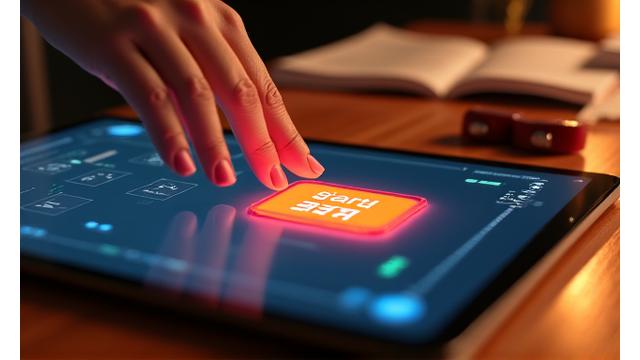 A hand clicking a 'Start Free Trial' button on a modern tablet, surrounded by musical instruments and glowing digital music notes, implying an easy, risk-free start to learning.
